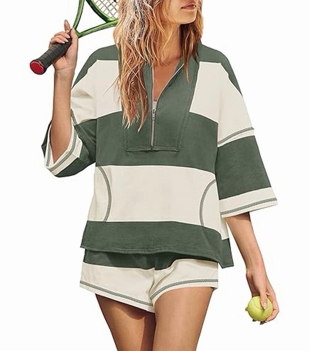 NWT Green Cream Rugby Quarter Zip Shorts Set Size M